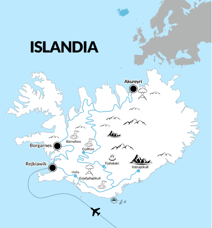 Mapa wyspy - Islandia z podglądem trasy
